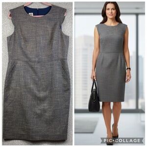 Anne Klein marine blue tan sheath dress corporate sz 14 career office